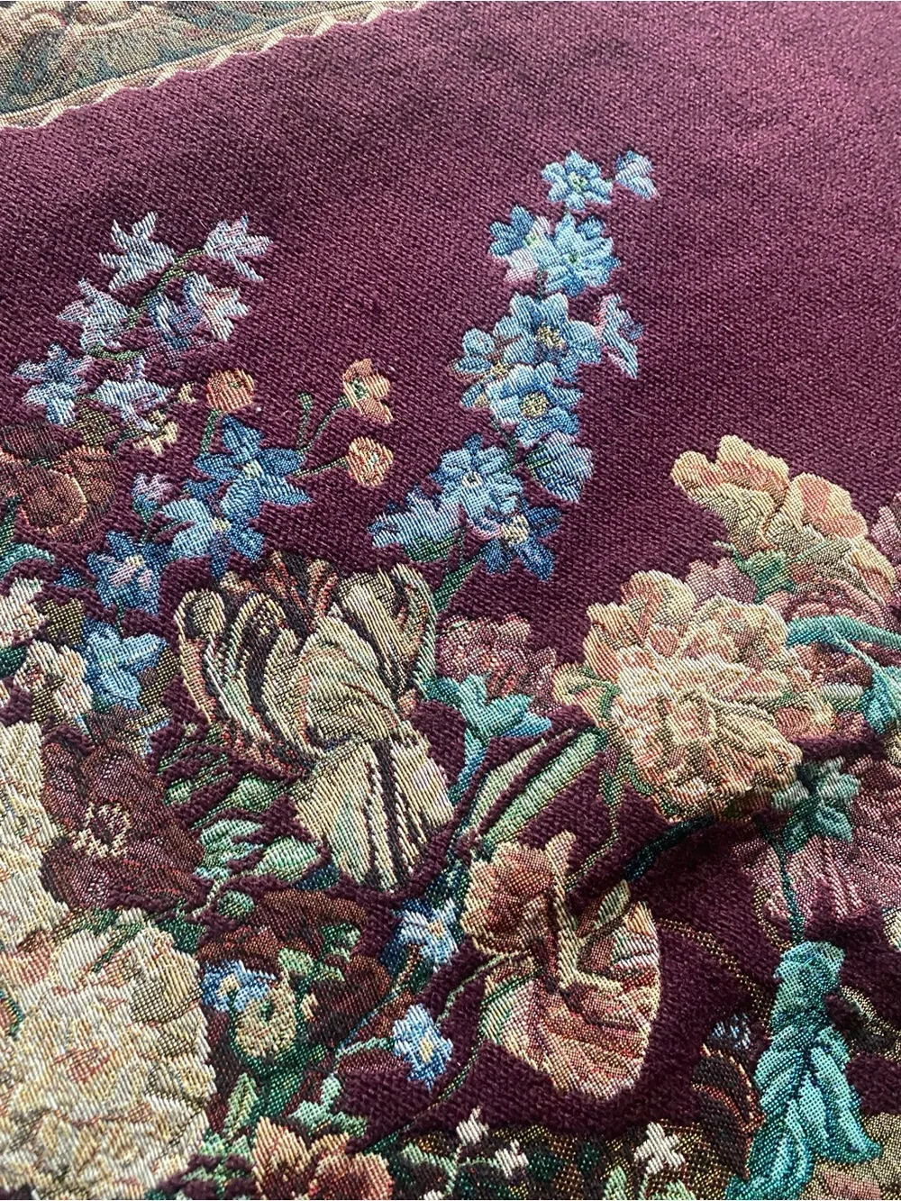 Vintage Wall Tapestry Aubusson Style Floral Birds Fringe Woven Textile 55” x 37”